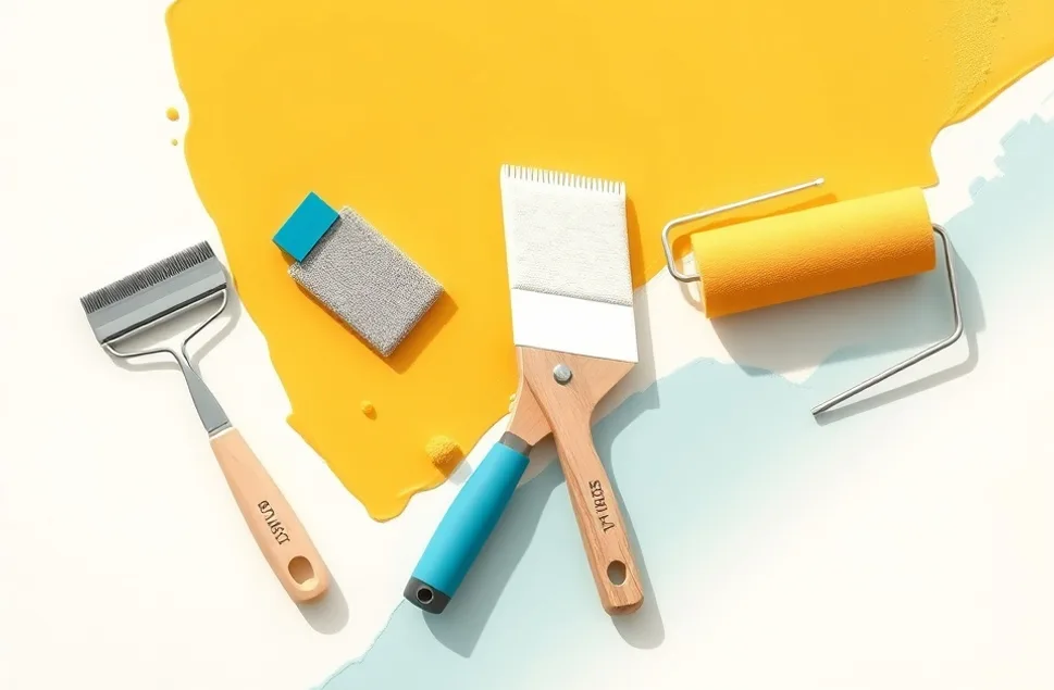 Outils de peinture disposés dans l'ordre des étapes du chantier