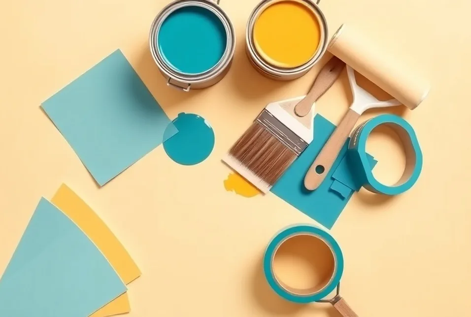 Pots de peinture, nuancier, brosses et rouleaux disposés à plat