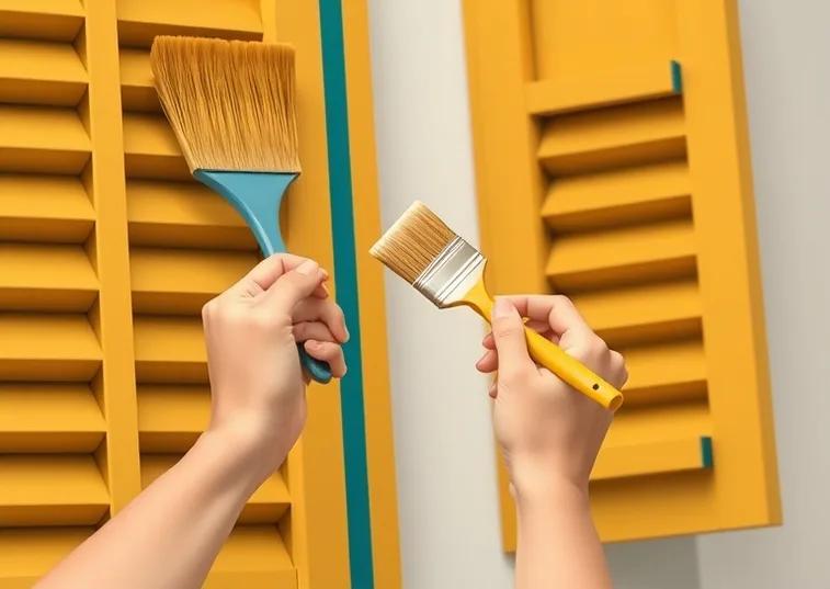Mise en peinture au pinceau de volets et d'encadrements en bois