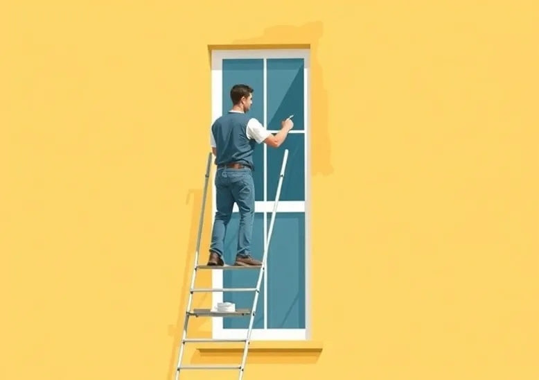 Peintre sur échafaudage traitant la façade d'une maison