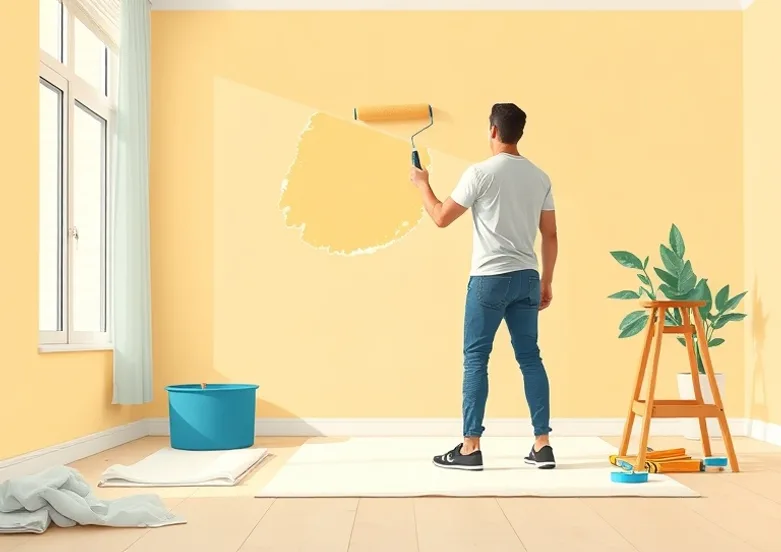 Peintre appliquant la peinture au rouleau sur un mur de salon